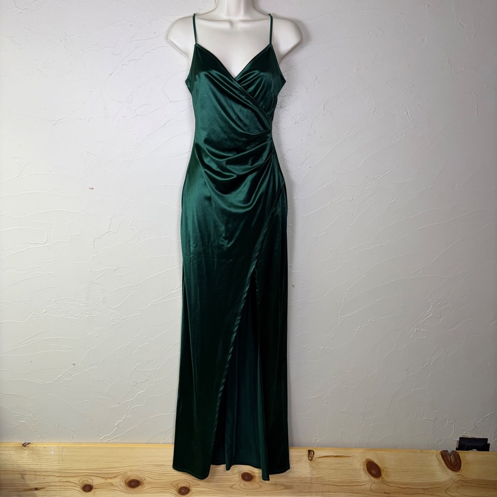 Windsor Dress Small Emerald Green Satin Maxi Dress Slit Formal Prom Gown Sexy